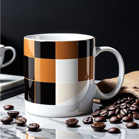 Coffe Mug brown, white, black geometry 